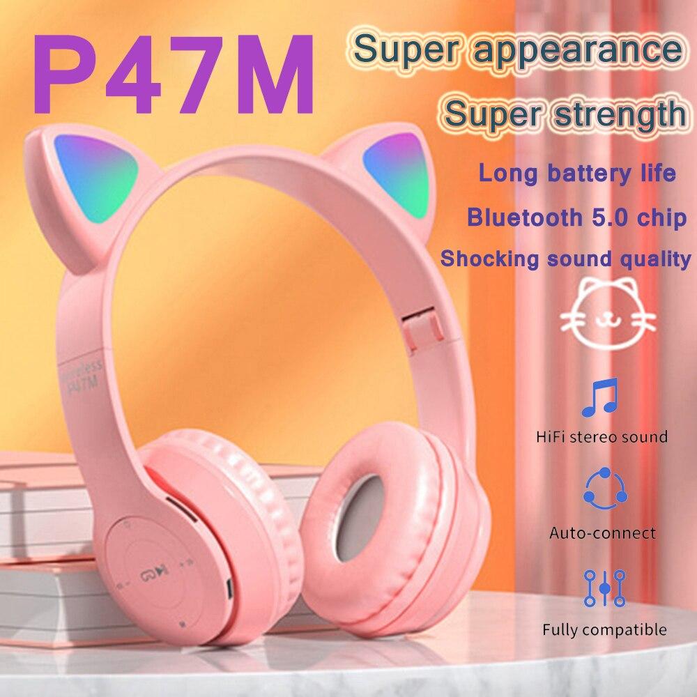 Cat Ear Bluetooth Headset, RGB USB Gaming Headset, Cute Retractable Active Noise Cancelling Headphones, Good Gifts for Girls and Kids