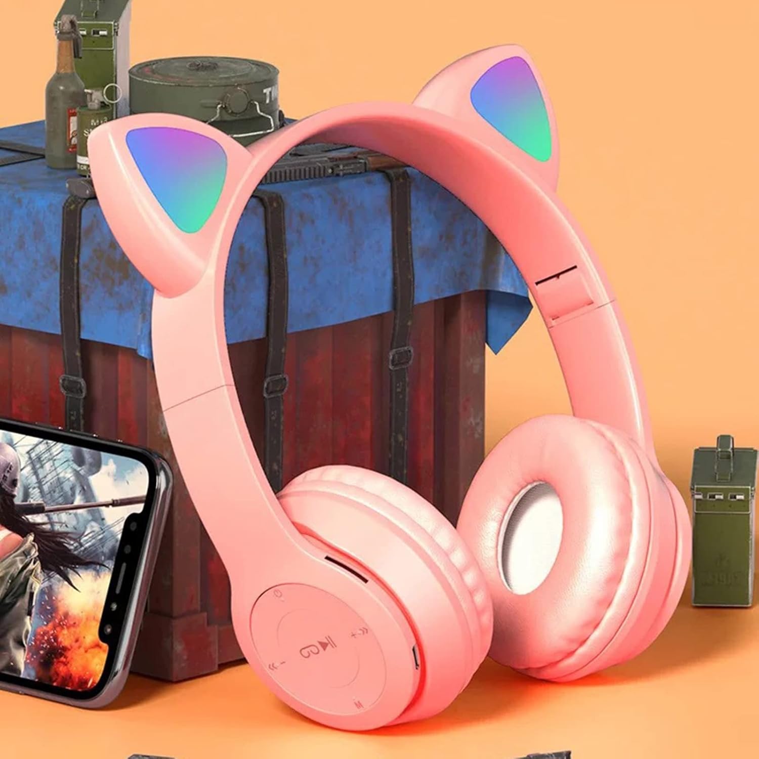 Cat Ear Bluetooth Headset, RGB USB Gaming Headset, Cute Retractable Active Noise Cancelling Headphones, Good Gifts for Girls and Kids