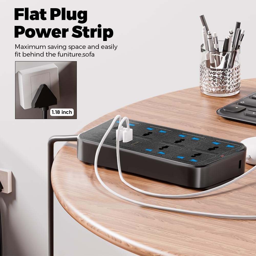 UK Power Strip outlets socket 6 AC Plug Outlets Extender switch and 3 USB & 1 type-c Charging Ports, 2500W/10A,2M Plug Heavy Duty Extension Cord for Home, Office