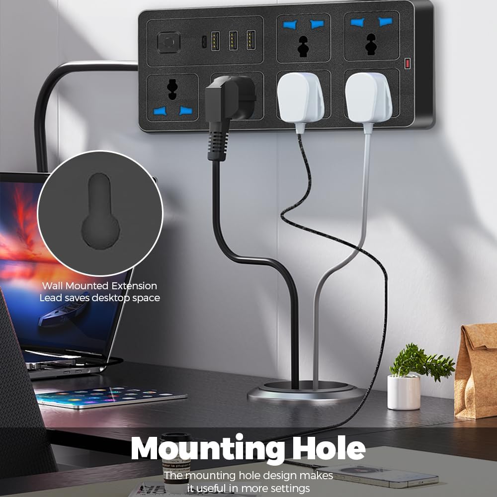 UK Power Strip outlets socket 6 AC Plug Outlets Extender switch and 3 USB & 1 type-c Charging Ports, 2500W/10A,2M Plug Heavy Duty Extension Cord for Home, Office