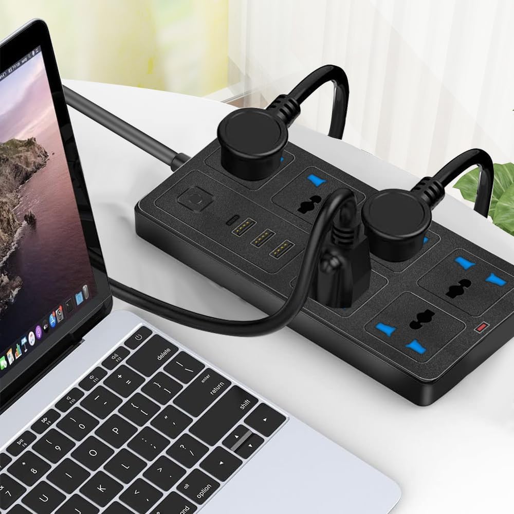 UK Power Strip outlets socket 6 AC Plug Outlets Extender switch and 3 USB & 1 type-c Charging Ports, 2500W/10A,2M Plug Heavy Duty Extension Cord for Home, Office