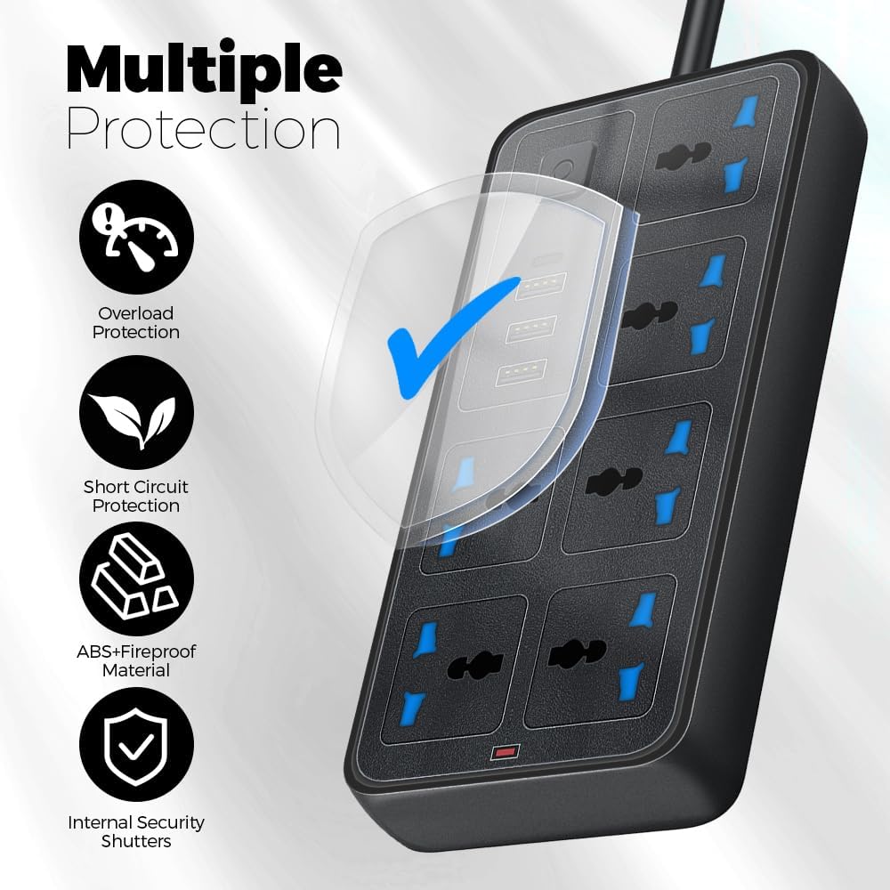 UK Power Strip outlets socket 6 AC Plug Outlets Extender switch and 3 USB & 1 type-c Charging Ports, 2500W/10A,2M Plug Heavy Duty Extension Cord for Home, Office