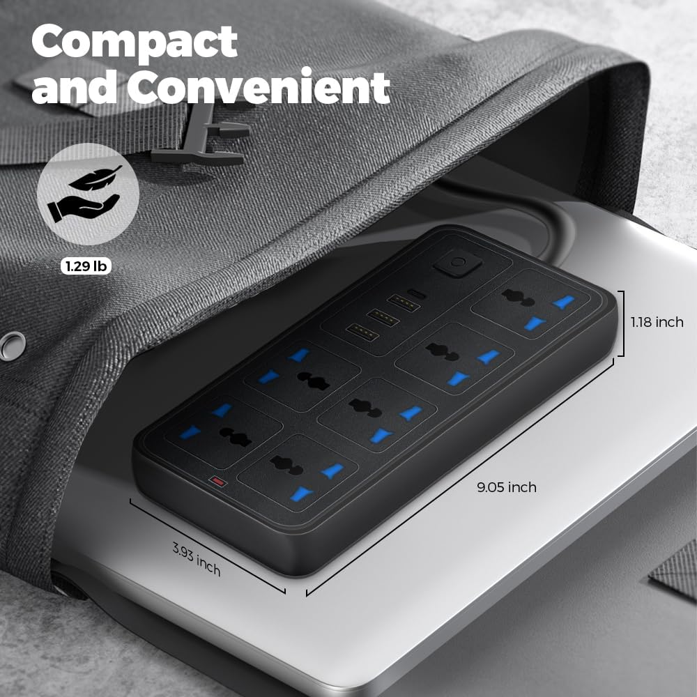 UK Power Strip outlets socket 6 AC Plug Outlets Extender switch and 3 USB & 1 type-c Charging Ports, 2500W/10A,2M Plug Heavy Duty Extension Cord for Home, Office