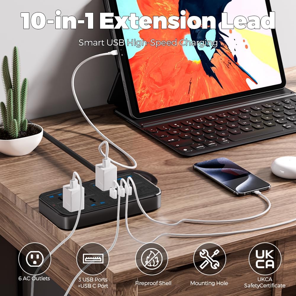 UK Power Strip outlets socket 6 AC Plug Outlets Extender switch and 3 USB & 1 type-c Charging Ports, 2500W/10A,2M Plug Heavy Duty Extension Cord for Home, Office