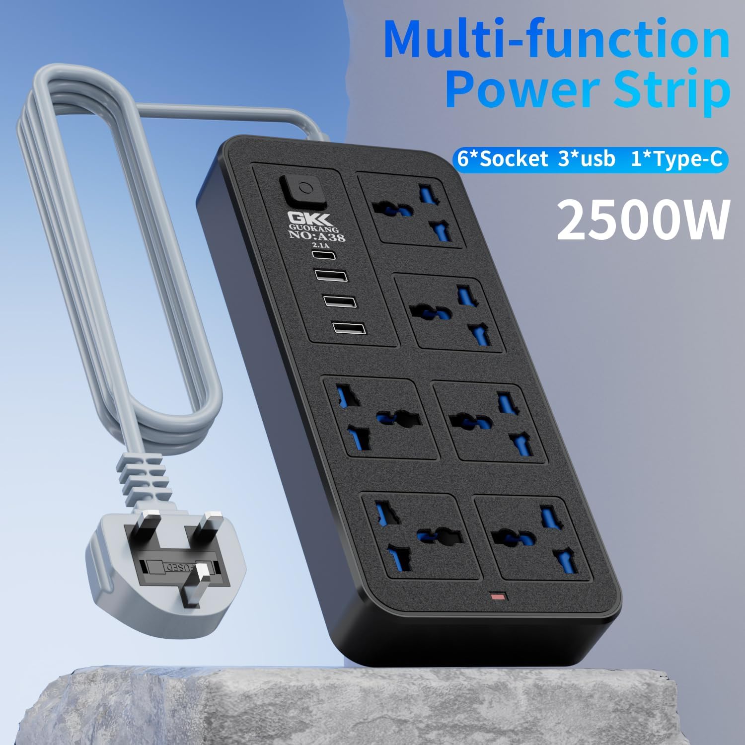 UK Power Strip outlets socket 6 AC Plug Outlets Extender switch and 3 USB & 1 type-c Charging Ports, 2500W/10A,2M Plug Heavy Duty Extension Cord for Home, Office