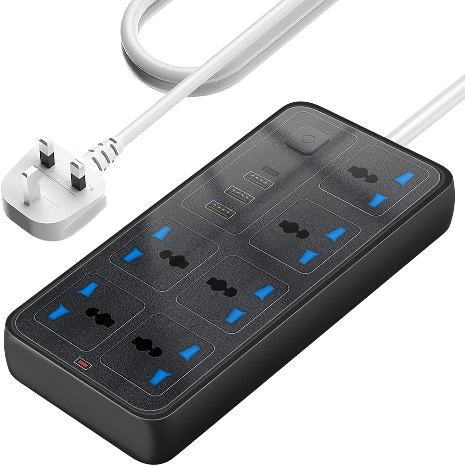 UK Power Strip outlets socket 6 AC Plug Outlets Extender switch and 3 USB & 1 type-c Charging Ports, 2500W/10A,2M Plug Heavy Duty Extension Cord for Home, Office