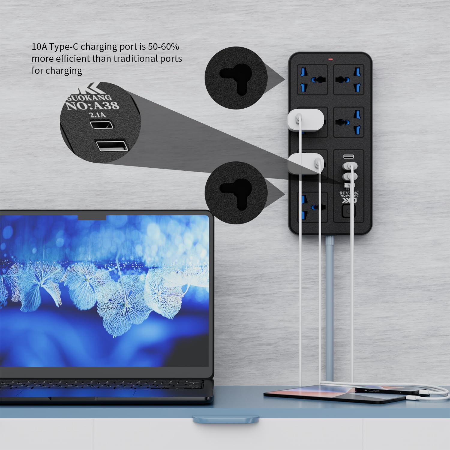 UK Power Strip outlets socket 6 AC Plug Outlets Extender switch and 3 USB & 1 type-c Charging Ports, 2500W/10A,2M Plug Heavy Duty Extension Cord for Home, Office