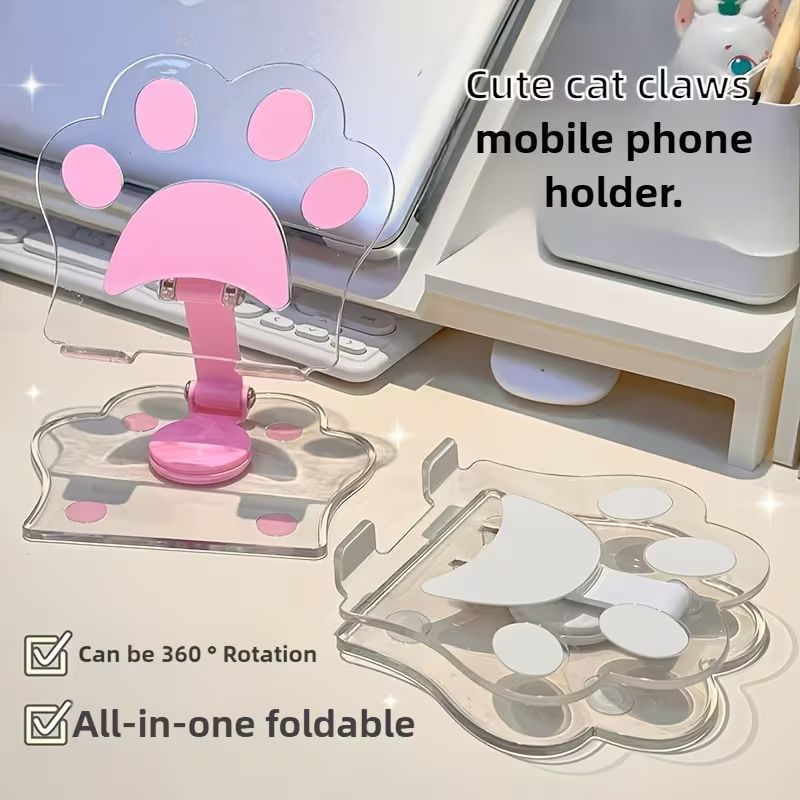 【Final Clearance】Adjustable Cat Claw Acrylic Phone Holder Stand - Foldable Retractable Multi-Functional Tablet & Phone Stand with Paw Print Design, Portable for Live Streaming, Video Calls