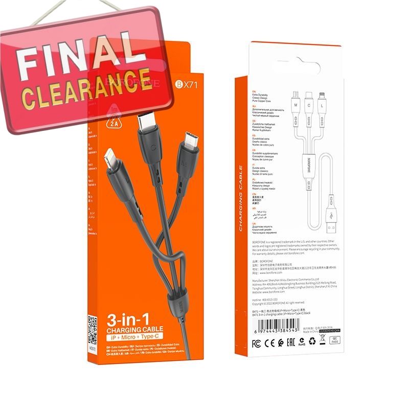 【Final Clearance】3-in-1 charging cable – 1.0 m – USB-A to Type C, Micro B, Lightning – 12 W – for smartphones, tablets, power banks