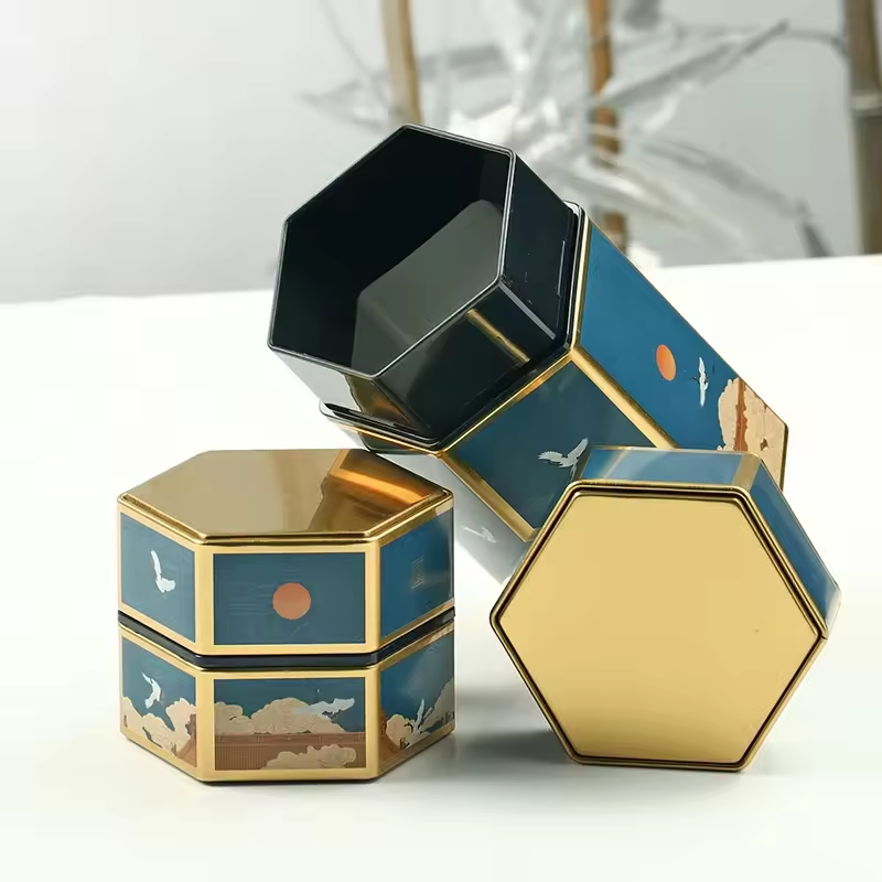 Mini Tin Box Gift  Tin Box Cookie Candy  Creative Hexagonal Tea Pot Tin Can Chinese Tinplate Tea Storage Tank Small Sealed Portable Tea Box Empty Can Tea Set Accessories Drum Tinplate Box