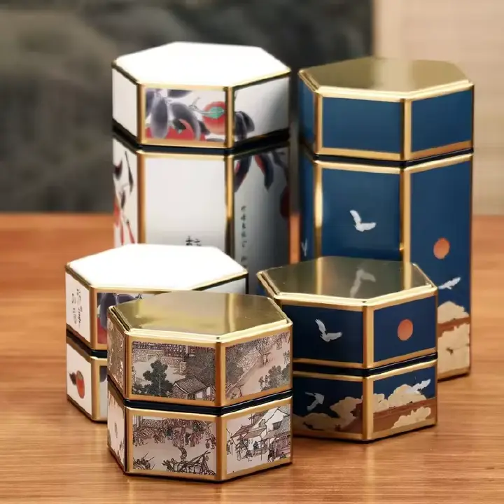 Mini Tin Box Gift  Tin Box Cookie Candy  Creative Hexagonal Tea Pot Tin Can Chinese Tinplate Tea Storage Tank Small Sealed Portable Tea Box Empty Can Tea Set Accessories Drum Tinplate Box