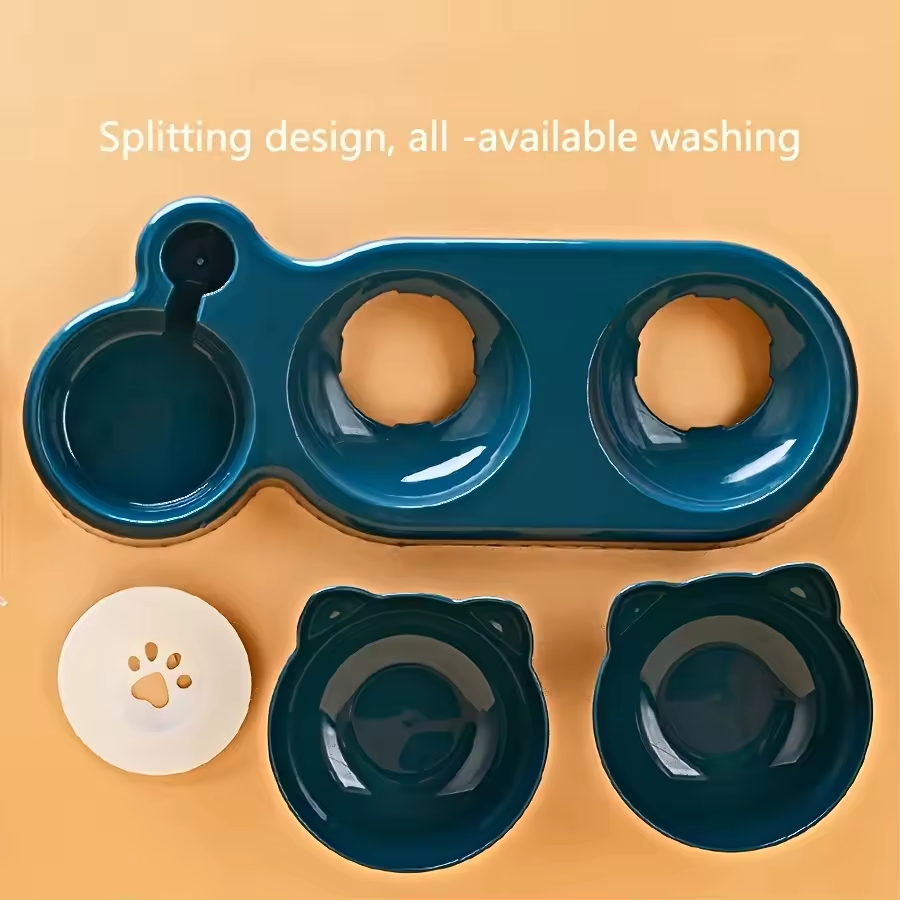 Pet Bowls With Water Feeder, Dog Bowl Cat Food Bowl ,3 In 1 Ear Design Tilted Cat Water And Food Bowl Set With Gravity Water Bottle For Neck Protection