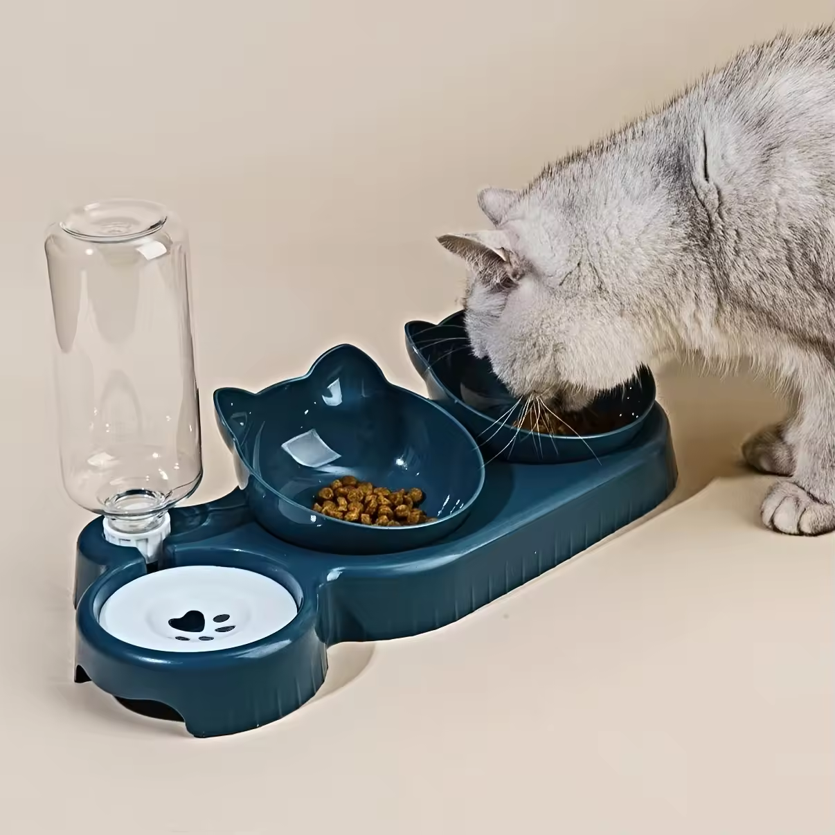 Pet Bowls With Water Feeder, Dog Bowl Cat Food Bowl ,3 In 1 Ear Design Tilted Cat Water And Food Bowl Set With Gravity Water Bottle For Neck Protection