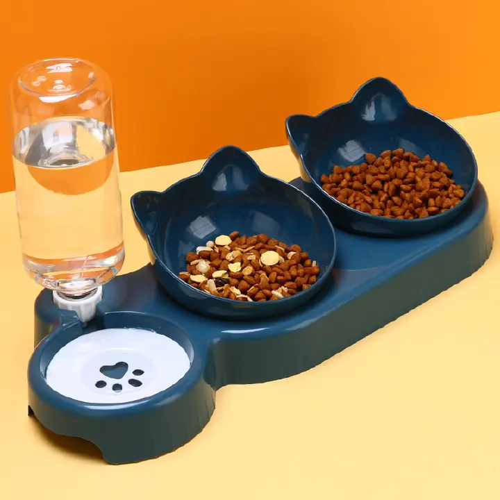 Pet Bowls With Water Feeder, Dog Bowl Cat Food Bowl ,3 In 1 Ear Design Tilted Cat Water And Food Bowl Set With Gravity Water Bottle For Neck Protection