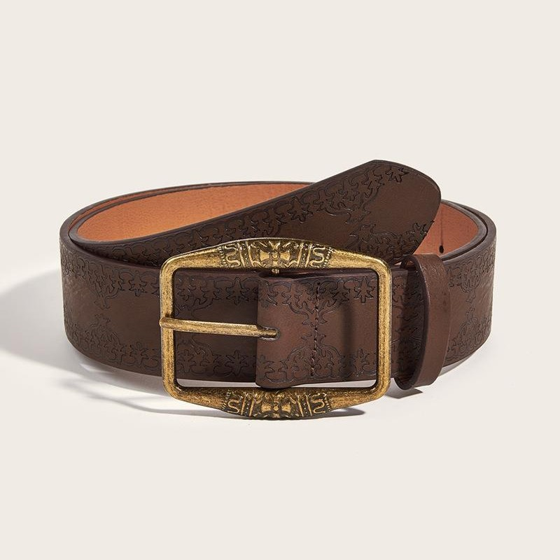 Brown Floral Embossed Belt, Vintage American Y2K Style, DistressedDenim Accessory, Casual Ethnic Artisan Leather Belts