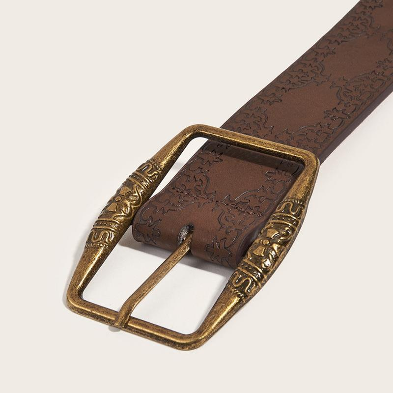 Brown Floral Embossed Belt, Vintage American Y2K Style, DistressedDenim Accessory, Casual Ethnic Artisan Leather Belts