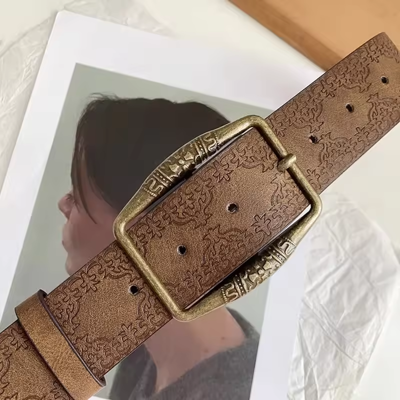 Brown Floral Embossed Belt, Vintage American Y2K Style, DistressedDenim Accessory, Casual Ethnic Artisan Leather Belts
