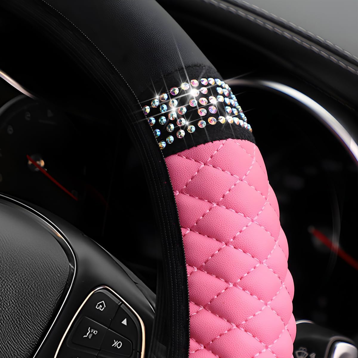 Bling Car Steering Wheel Cover, 15 Inch Rhinestones Soft Leather Elastic Steering Wheel Protector, Sparkly Crystal Diamond for Women Girls Men, Car Interior Accessories for Most Cars