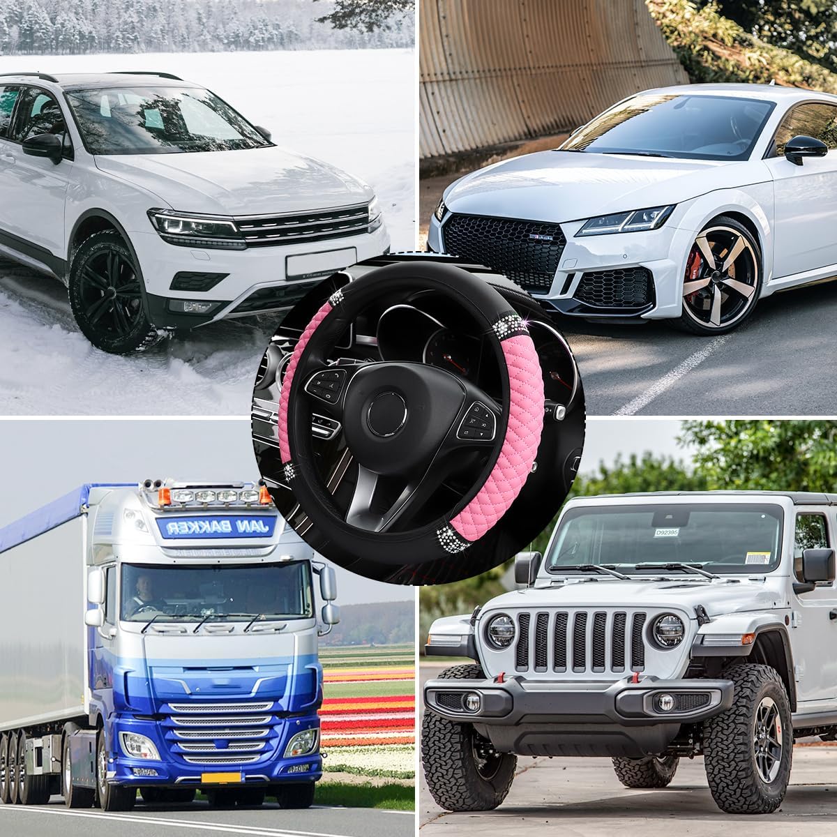 Bling Car Steering Wheel Cover, 15 Inch Rhinestones Soft Leather Elastic Steering Wheel Protector, Sparkly Crystal Diamond for Women Girls Men, Car Interior Accessories for Most Cars