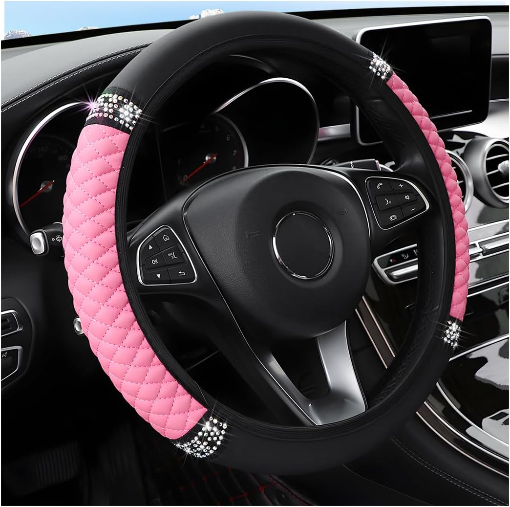 Bling Car Steering Wheel Cover, 15 Inch Rhinestones Soft Leather Elastic Steering Wheel Protector, Sparkly Crystal Diamond for Women Girls Men, Car Interior Accessories for Most Cars