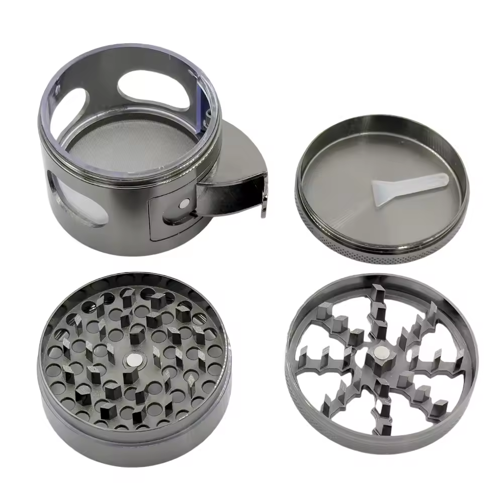 Herb Tobacco Spice Weeds Grass Grinder  Metal Grinder Zinc Alloy Machine 60mm 4 Parts Clear Glass Window Easy Dump Crushed Herb Grinder