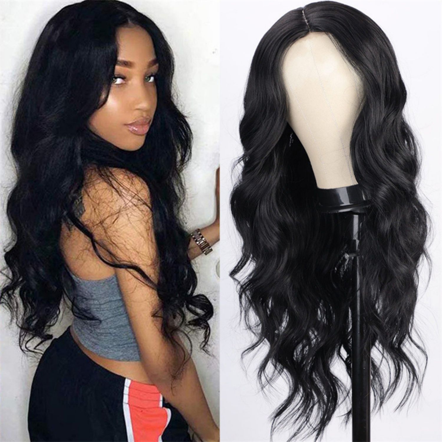 FBK Wigs for Lady Premium Big Wave Curly Long Wigs for Women Fashion Black Synthetic Hair for Ladies Gift