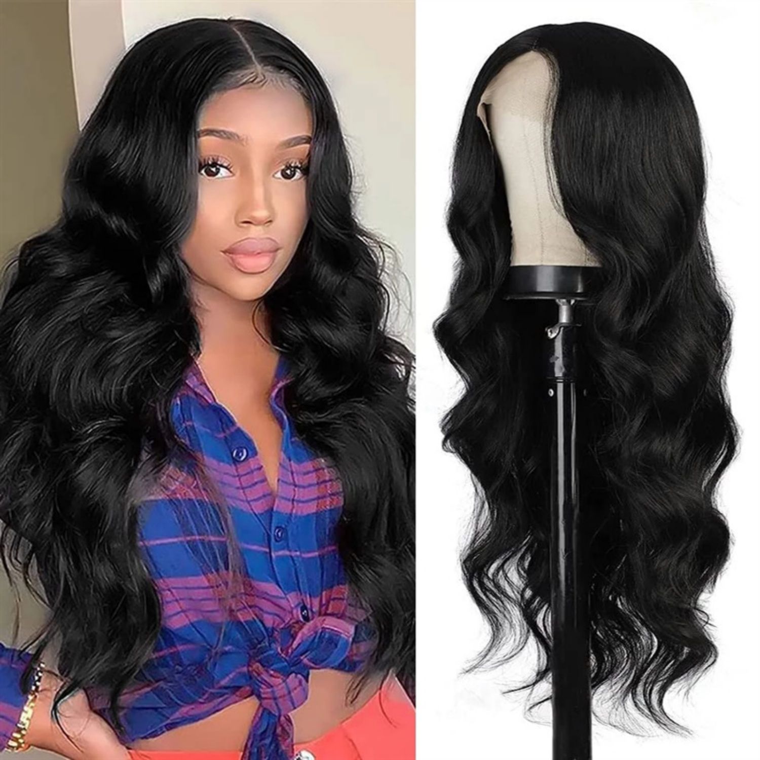 FBK Wigs for Lady Premium Big Wave Curly Long Wigs for Women Fashion Black Synthetic Hair for Ladies Gift