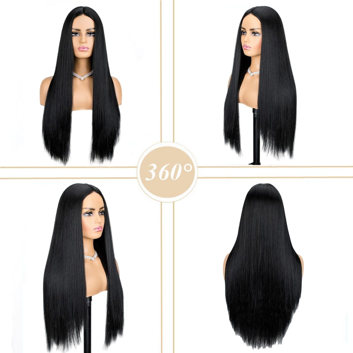 FBK Wigs for Lady 28 Inches Fashion Long Straight Hair Synthetic Middle Part Black Wigs for Women Gift
