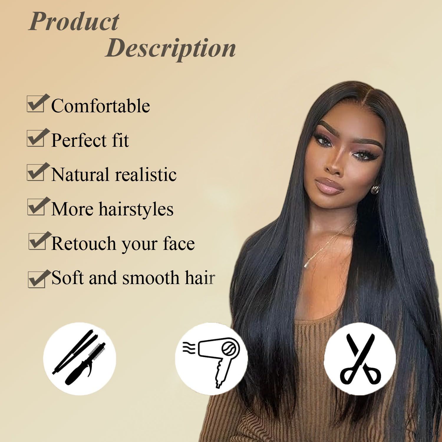 FBK Wigs for Lady 28 Inches Fashion Long Straight Hair Synthetic Middle Part Black Wigs for Women Gift