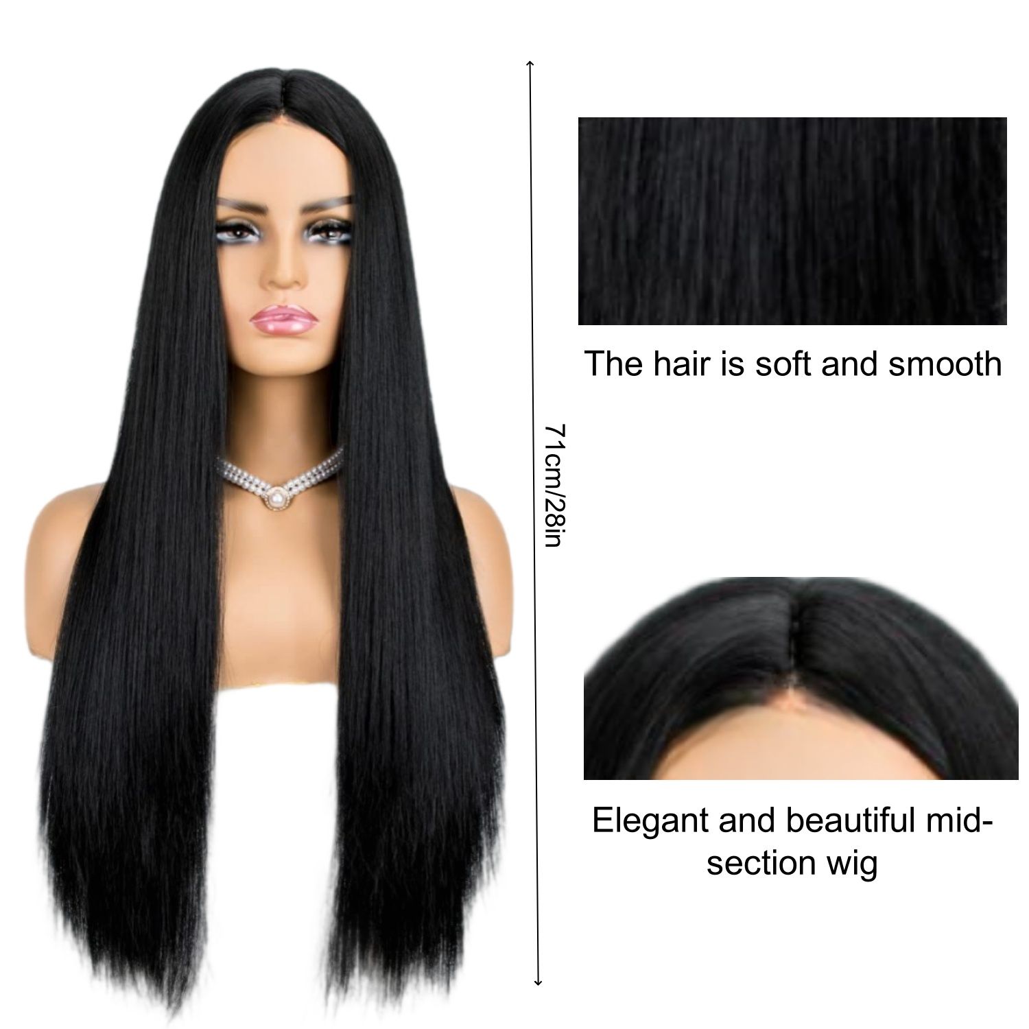 FBK Wigs for Lady 28 Inches Fashion Long Straight Hair Synthetic Middle Part Black Wigs for Women Gift