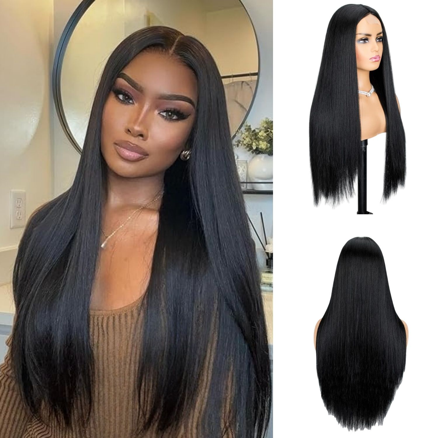 FBK Wigs for Lady 28 Inches Fashion Long Straight Hair Synthetic Middle Part Black Wigs for Women Gift