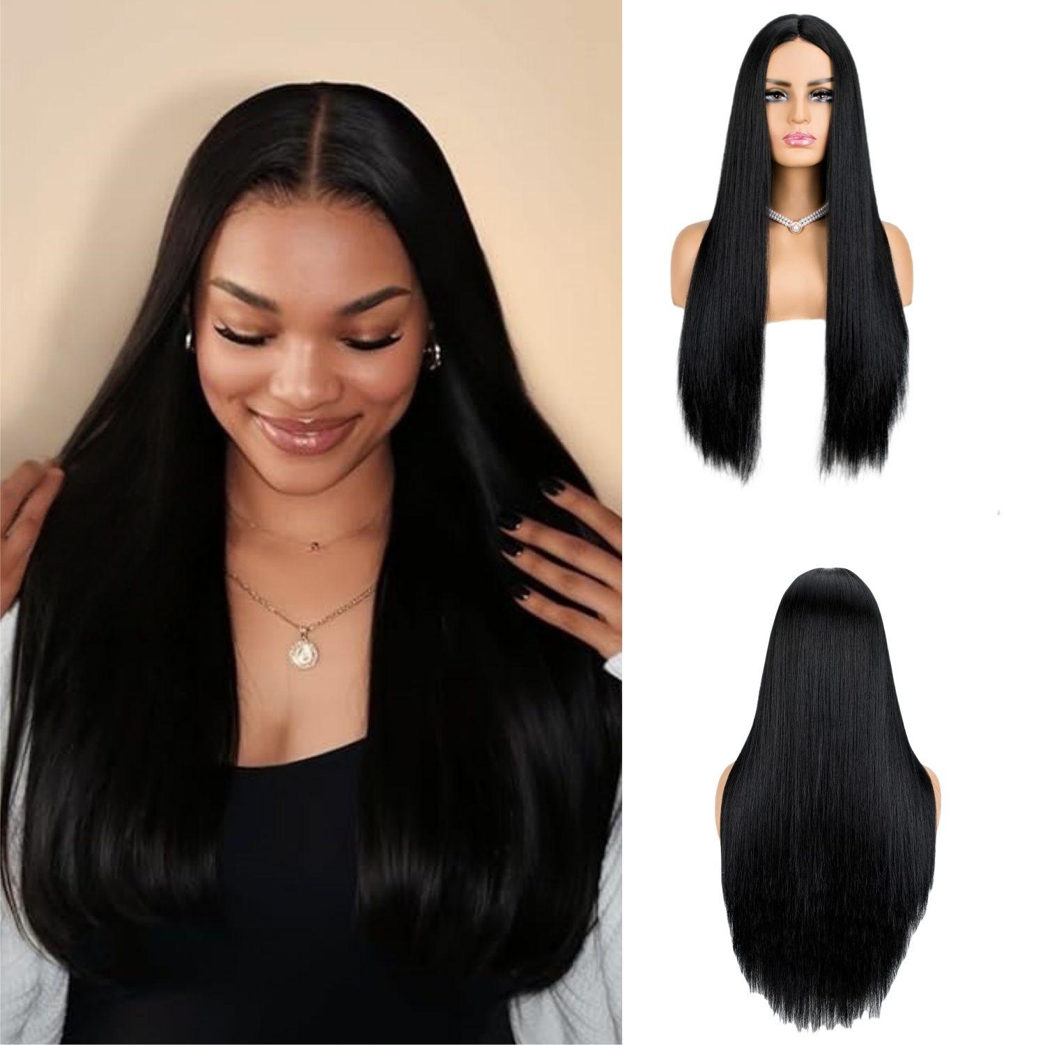 FBK Wigs for Lady 28 Inches Fashion Long Straight Hair Synthetic Middle Part Black Wigs for Women Gift