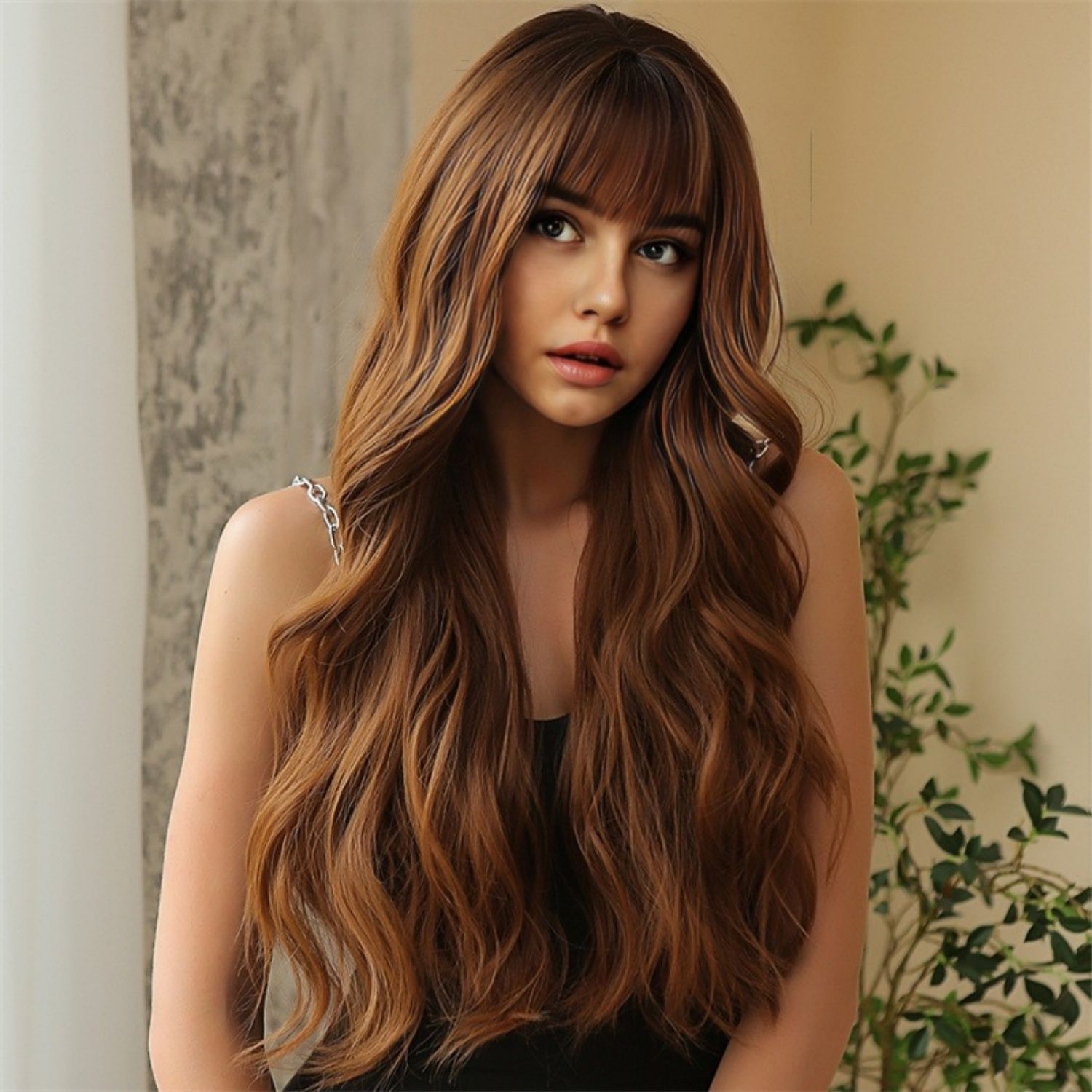 Women Elegant Long Wig with Bangs Heat-Resistant Synthetic Fiber Curly Wave Black and Brown Wigs Natural Look for Daily Wear, Parties & Festive Events 26 Inches Big Wave Hair Classical for Women Gift