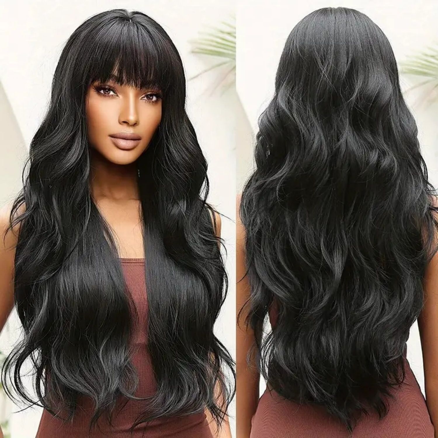 Women Elegant Long Wig with Bangs Heat-Resistant Synthetic Fiber Curly Wave Black and Brown Wigs Natural Look for Daily Wear, Parties & Festive Events 26 Inches Big Wave Hair Classical for Women Gift