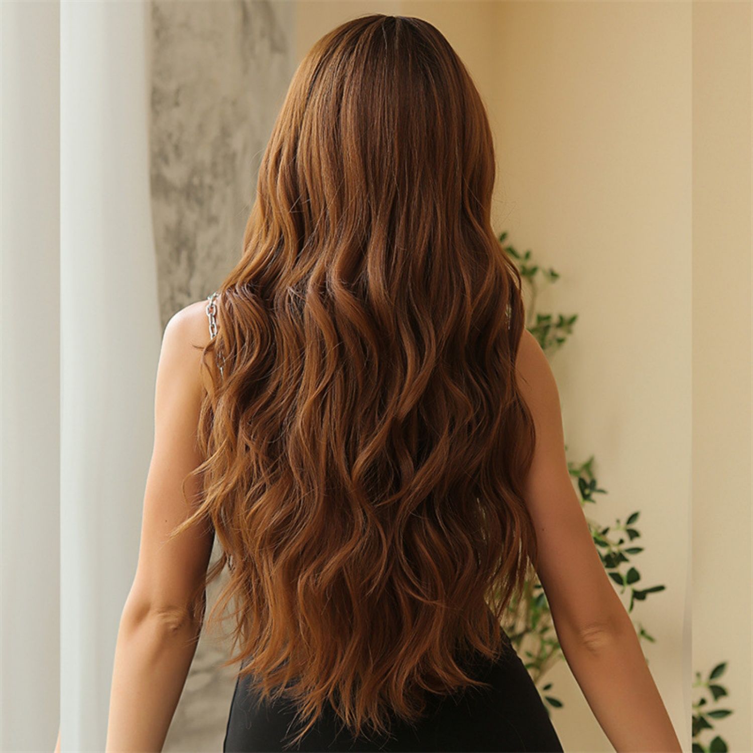Women Elegant Long Wig with Bangs Heat-Resistant Synthetic Fiber Curly Wave Black and Brown Wigs Natural Look for Daily Wear, Parties & Festive Events 26 Inches Big Wave Hair Classical for Women Gift