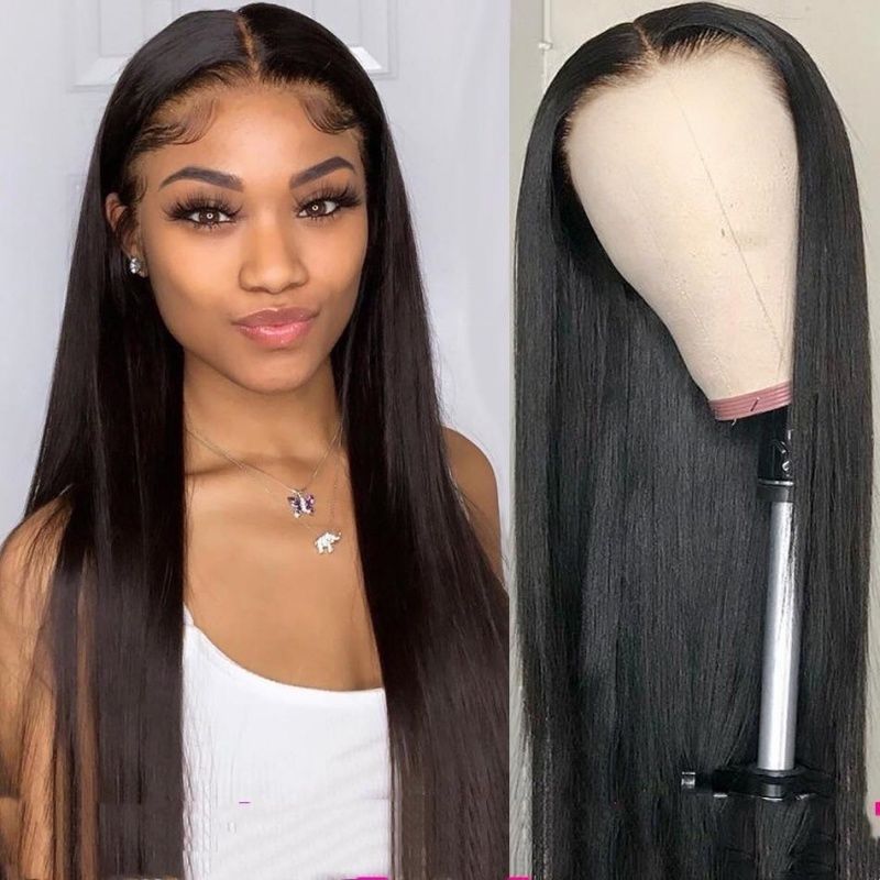 FBK Wigs for Lady 28 Inches Fashion Long Straight Hair Synthetic Middle Part Black Wigs for Women Gift
