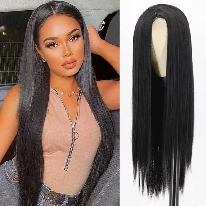 FBK Wigs for Lady 28 Inches Fashion Long Straight Hair Synthetic Middle Part Black Wigs for Women Gift