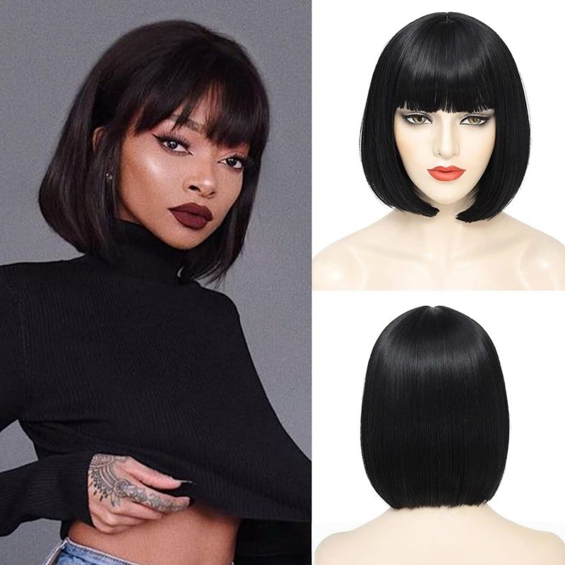 Elegant 14-Inch Middle-Part Straight Bob Wig with Bangs for Women, Natural Look High-Temperature Silky Fiber, Daily Wear & Cosplay Compatible Short Hair Wig Versatile Hairpiece Gift for Women