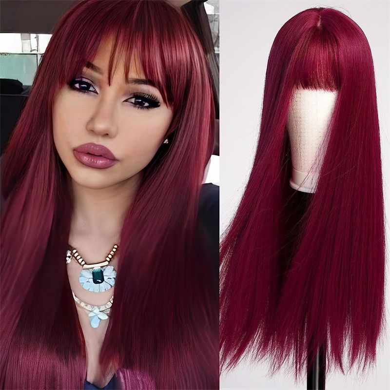 Women's Fashionable Red Long Straight Wig with Bangs 26Inch Heat Resistant Synthetic Natural Looking Soft Hair for Daily Wear, Cosplay, Halloween, Music Festivals, and Christmas Events for Ladies Gift