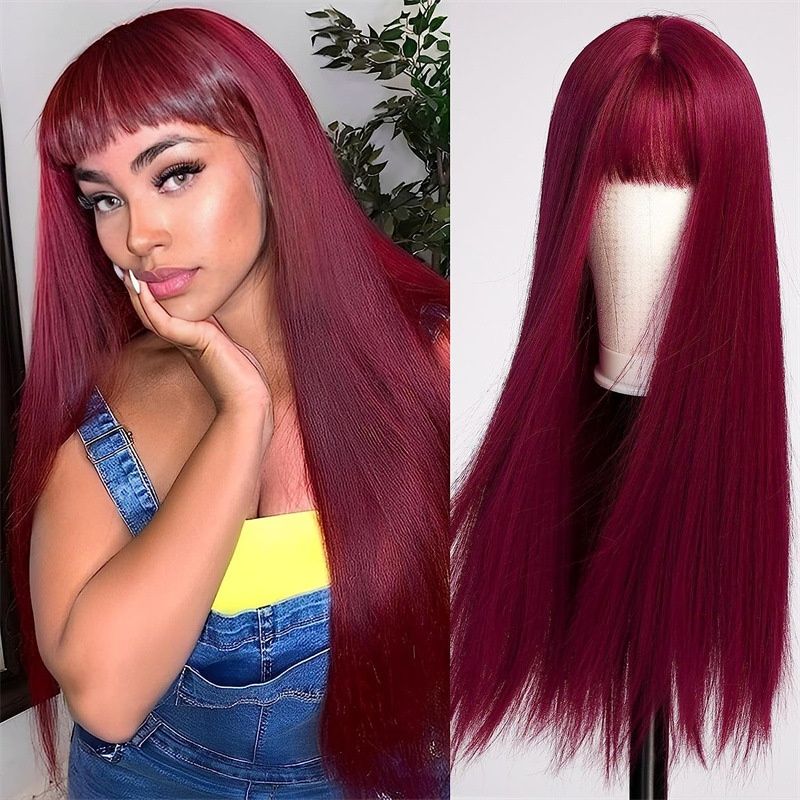 Women's Fashionable Red Long Straight Wig with Bangs 26Inch Heat Resistant Synthetic Natural Looking Soft Hair for Daily Wear, Cosplay, Halloween, Music Festivals, and Christmas Events for Ladies Gift
