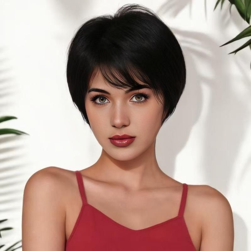 FBK Short Wigs for Ladies 9 Inches Fashion and Elegant Straight Hair Heat-Resistant Synthetic Fiber Wig Black for Daily Wear and Party Event Suitable for Women Gift