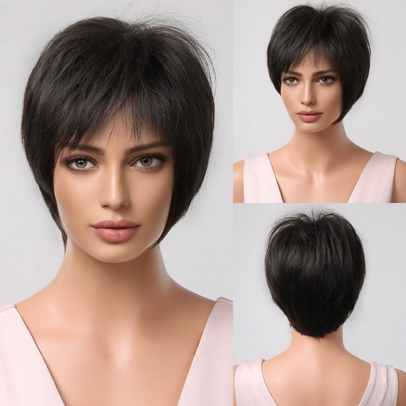FBK Short Wigs for Ladies 9 Inches Fashion and Elegant Straight Hair Heat-Resistant Synthetic Fiber Wig Black for Daily Wear and Party Event Suitable for Women Gift