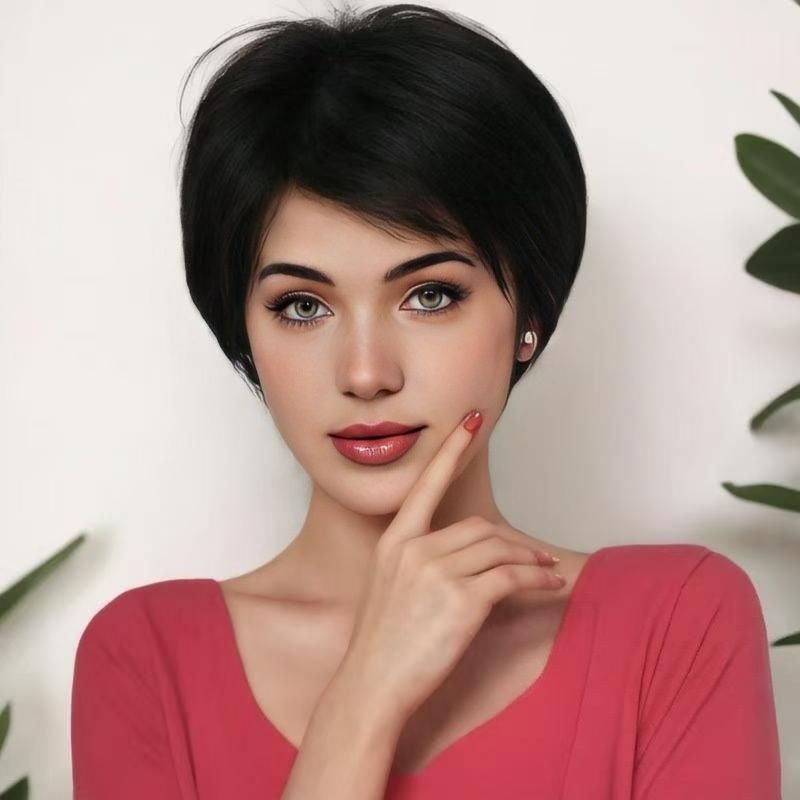 FBK Short Wigs for Ladies 9 Inches Fashion and Elegant Straight Hair Heat-Resistant Synthetic Fiber Wig Black for Daily Wear and Party Event Suitable for Women Gift