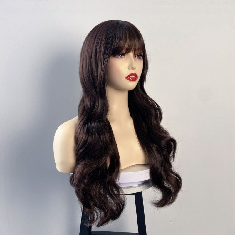 FBK Elegant Brown Long Curly Wig for Women 26 Inches Heat Resistant Synthetic Fiber Buckle Net Cap Perfect for Parties Events Party Wig Elegant Hairpiece Curly Wave Texture Long Wig