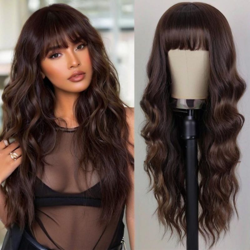 FBK Elegant Brown Long Curly Wig for Women 26 Inches Heat Resistant Synthetic Fiber Buckle Net Cap Perfect for Parties Events Party Wig Elegant Hairpiece Curly Wave Texture Long Wig