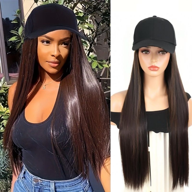 Trendy Long Straight Hair Baseball Cap Wig with Bangs 24 Inches for Women Fashion Daily Wear Party Music Festival Halloween Gifts High Quality Synthetic Fiber Easy to Style