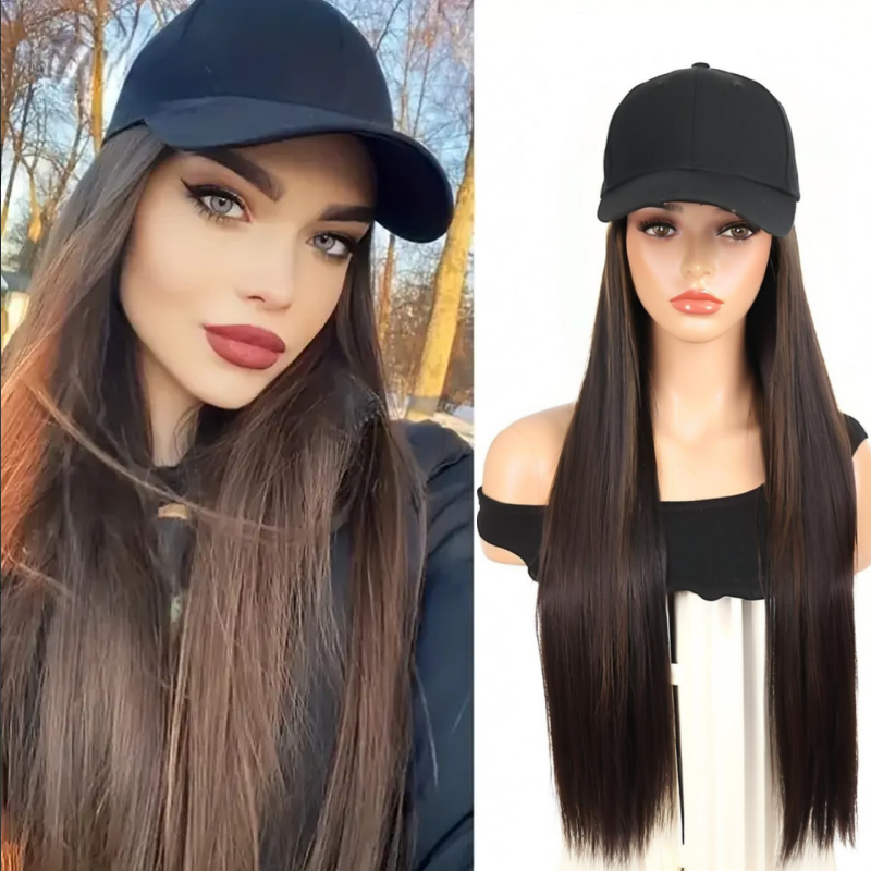 Trendy Long Straight Hair Baseball Cap Wig with Bangs 24 Inches for Women Fashion Daily Wear Party Music Festival Halloween Gifts High Quality Synthetic Fiber Easy to Style