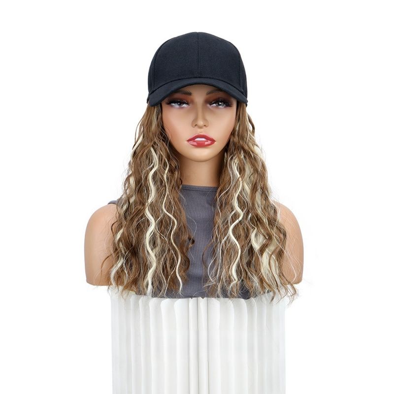 Hat Wigs Curly Wavy Hair Synthetic Wigs Easy to Store and Manage Baseball Cap Wig 18 Inches Fashionable and Sporty Style Black Brown and Yellow for Women Gift