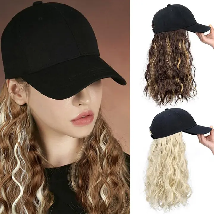 Hat Wigs Curly Wavy Hair Synthetic Wigs Easy to Store and Manage Baseball Cap Wig 18 Inches Fashionable and Sporty Style Black Brown and Yellow for Women Gift