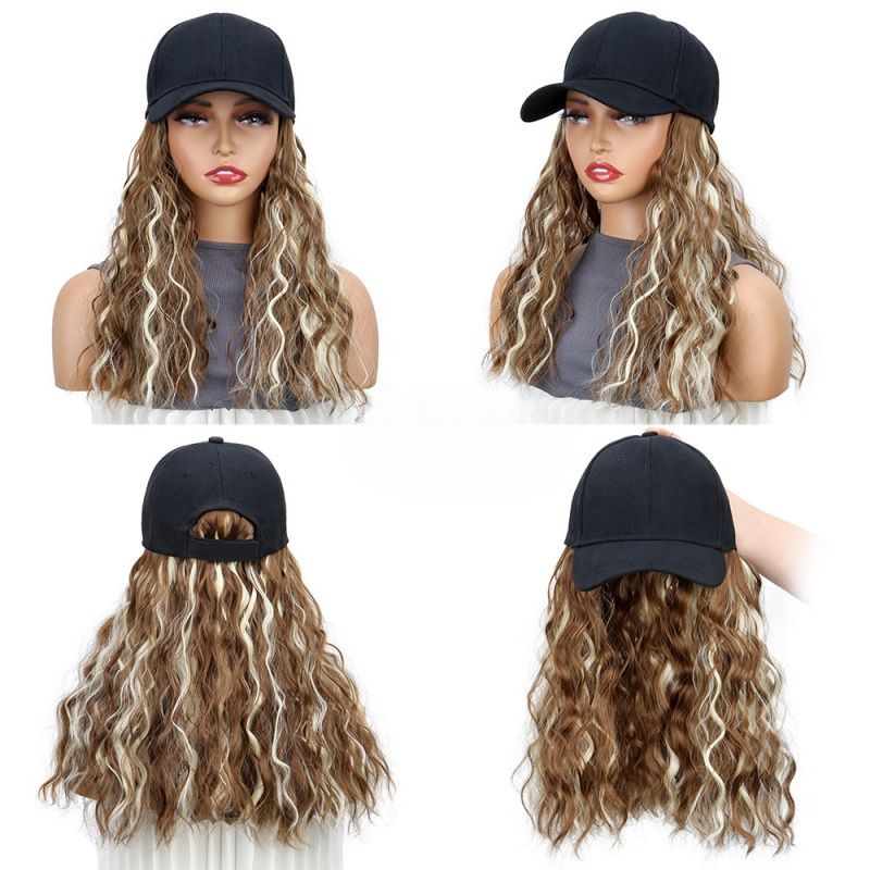 Hat Wigs Curly Wavy Hair Synthetic Wigs Easy to Store and Manage Baseball Cap Wig 18 Inches Fashionable and Sporty Style Black Brown and Yellow for Women Gift